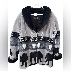 Vintage 90s Plush Faux Fur Bear & Tree Pattern Jacket - Gray & Black